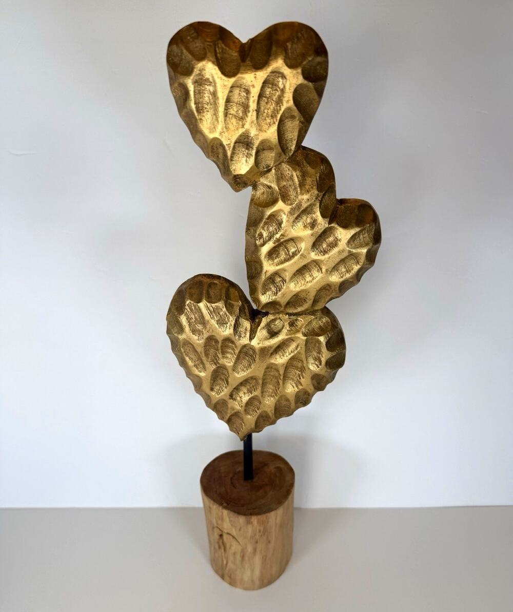 Hand Carved Wooden Triple Heart Sculpture Gold Rustic Boho Decor Tabletop Accent